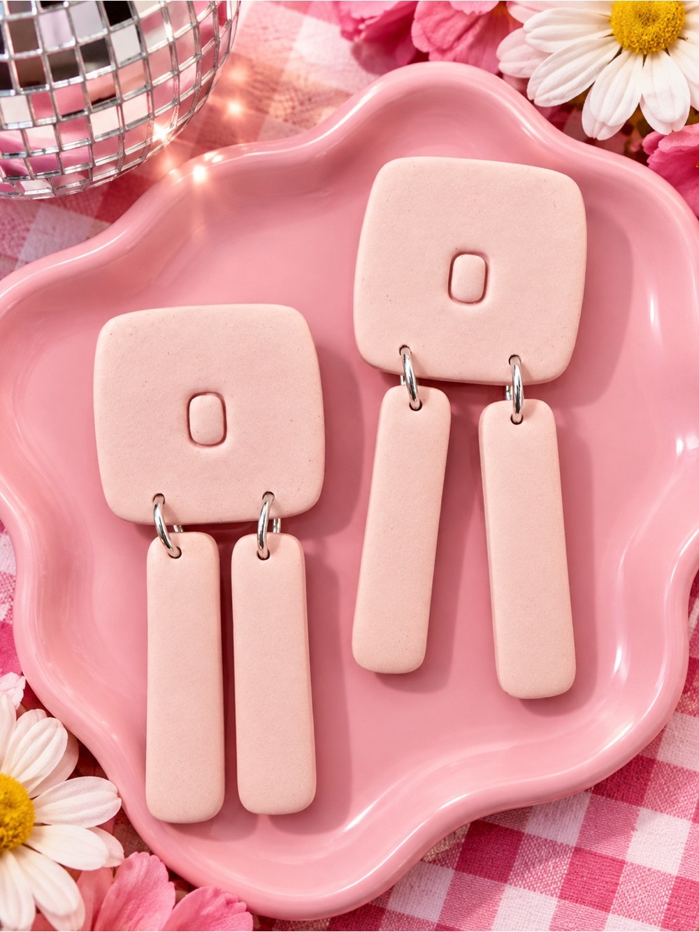 Soft Pink Polymer Clay Dangle Earrings - Women Jewelry
